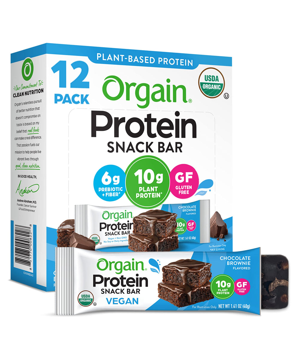 Orgain Organic Vegan Protein Bars Chocolate Brownie pack front for on-the-go protein.