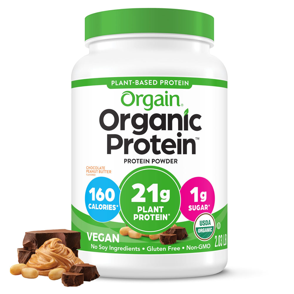 Orgain Organic Vegan Protein Powder jar for a creamy shake.