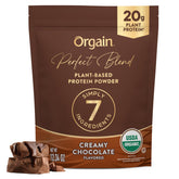 Orgain Perfect Blend chocolate tub front showing clean plant protein per serving.