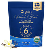 Orgain Perfect Blend vanilla powder tub showing clean 20g plant protein for shakes.