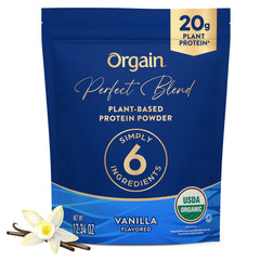 Orgain Perfect Blend vanilla powder tub showing clean 20g plant protein for shakes.