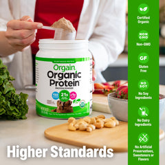 Orgain blend of pea, brown rice, mung bean, and chia seeds for complete protein