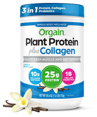 orgain vanilla bean bottle showing 3-in-1 protein, collagen, and probiotics for daily wellness