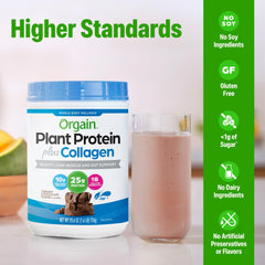 Orgain creamy chocolate fudge shake in glass with smooth texture