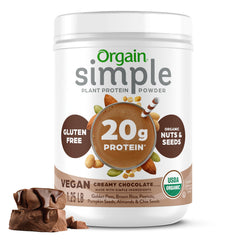 Orgain Organic Simple Vegan Protein Powder chocolate canister for a protein boost.