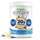 Orgain Simple Vegan Protein Vanilla bottle with clean label and easy mixing.