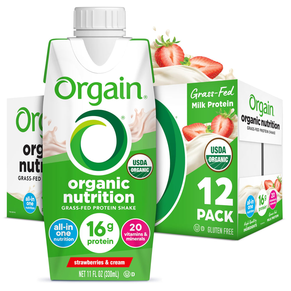 Orgain Strawberries & Cream bottle pour offers a quick breakfast option