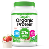 Orgain Strawberries and Cream protein powder jar for creamy shakes
