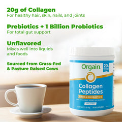 Orgain collagen probiotics tub on a kitchen counter with a measuring setup