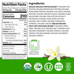 Orgain Vanilla 30g Plant Protein ingredients panel showing organic blend for clean nutrition