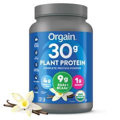 Orgain Vanilla 30g Plant Protein tub front for post-workout fueling