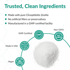 Organic Excellence Zeolite Clinoptilolite Powder jar closeup highlights clean, minimally processed mineral.