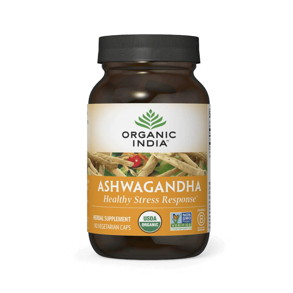 Organic India Ashwagandha capsules bottle, supports balanced energy and stress response.