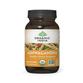 Organic India Ashwagandha capsules bottle, supports balanced energy and stress response.
