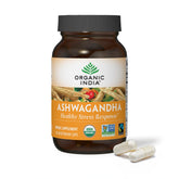 Organic India Ashwagandha capsules bottle shows premium packaging for daily stress support
