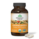 Organic India Ashwagandha capsules bottle for daily stress support and calm energy.