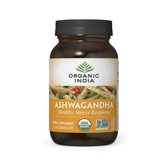 Organic India Ashwagandha capsules bottle, supports balanced energy and stress response.