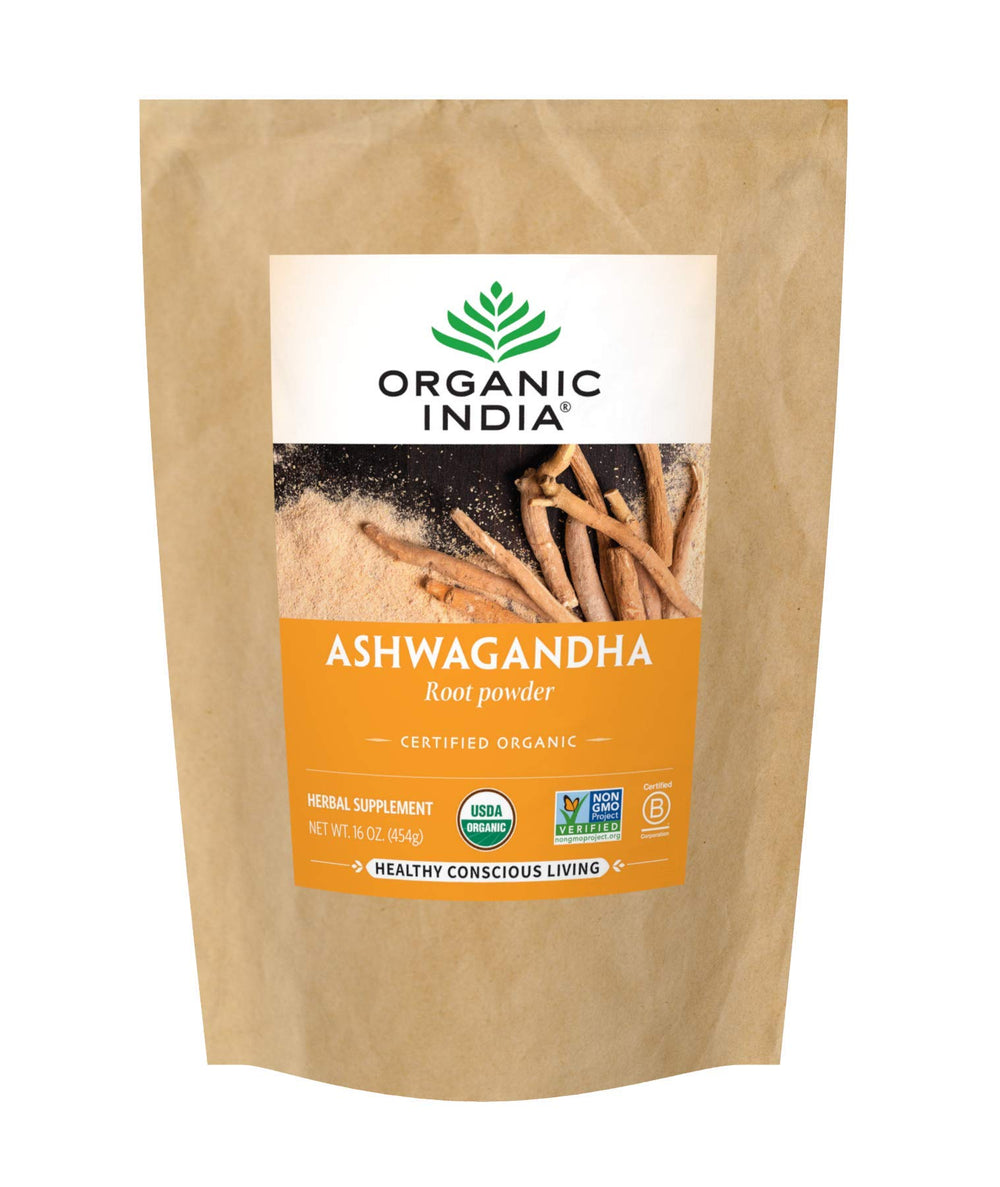 ORGANIC INDIA Ashwagandha powder bag front promoting daily resilience and balance