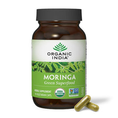 Organic India Moringa bottle front view highlighting a nutrient-dense plant supplement