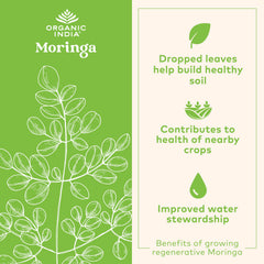Organic India Moringa capsules label closeup reveals antioxidant-rich leaf capsules.