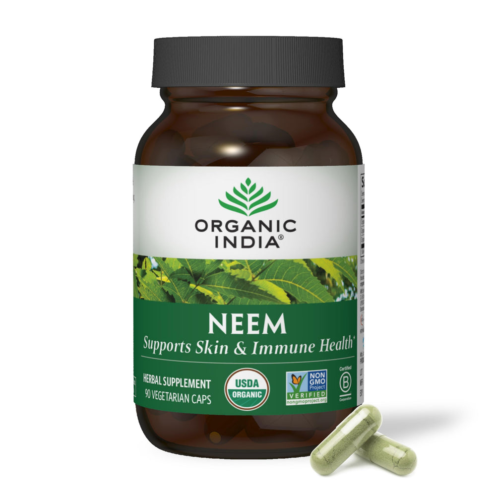 Organic India Neem Leaf Capsules bottle front showing natural packaging and wellness appeal