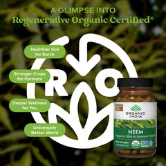 Organic India Neem Leaf Capsules bottle label highlighting vegan and organic credentials