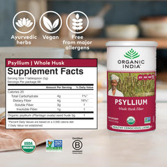 Organic India Psyllium Herbal Powder label close-up detail.