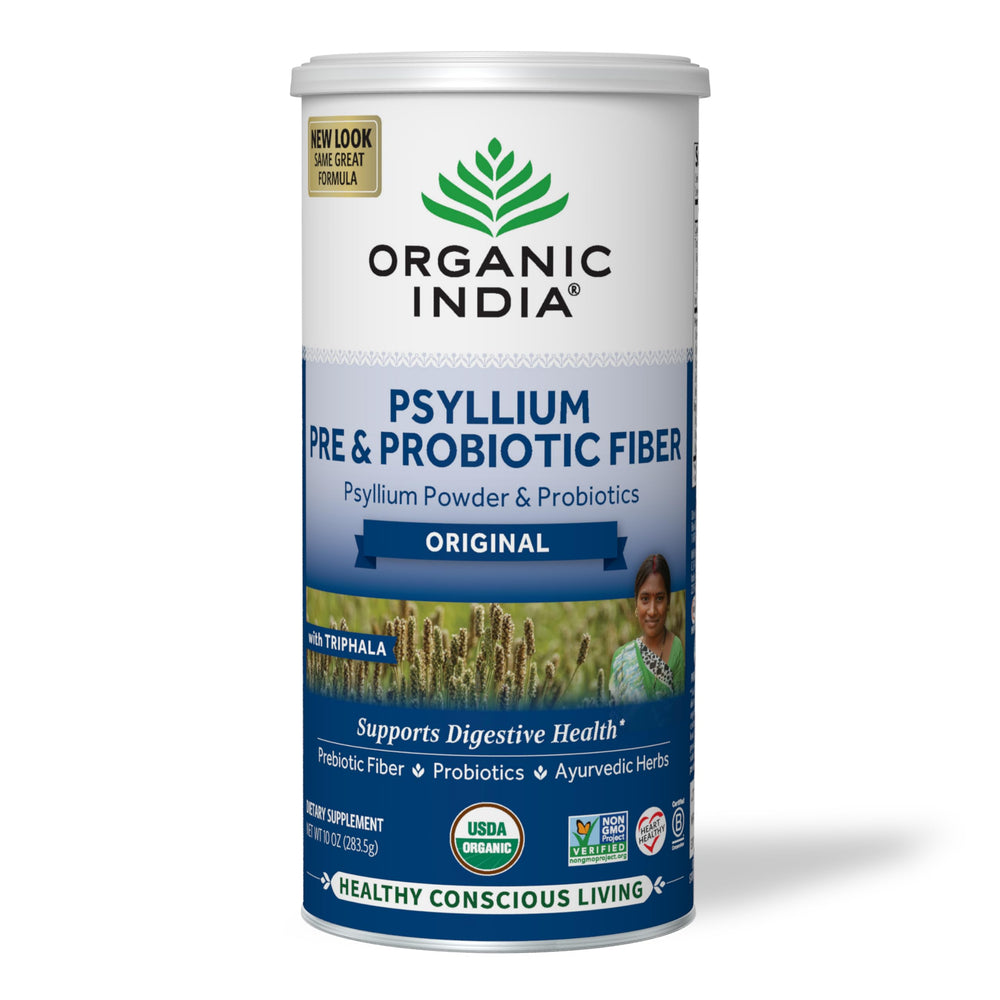 Organic India Psyllium Husk Powder packaging emphasizes convenient daily fiber support