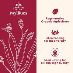 Close-up of Organic India psyllium whole husk powder for fiber