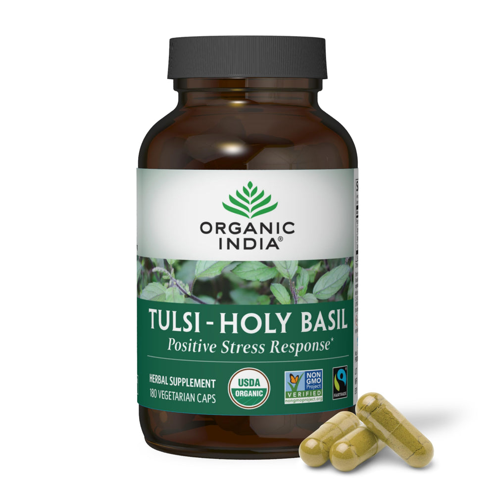 Organic India Tulsi bottle front, suggesting daily balance and wellness benefits