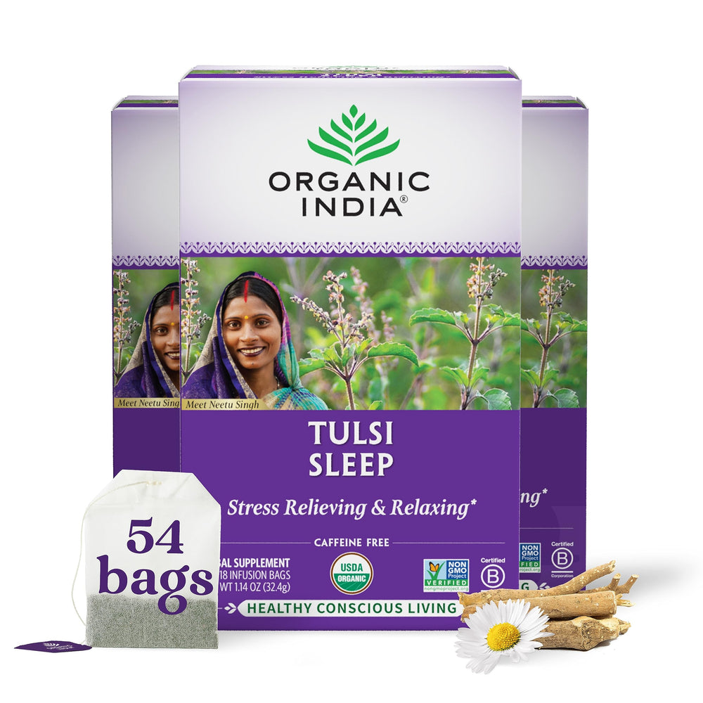 Organic India Tulsi Sleep tea bags ready for a calming nighttime routine.