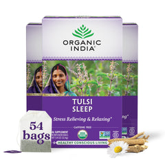 Organic India Tulsi Sleep tea bags ready for a calming nighttime routine.