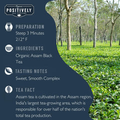 Organic Positively Tea Company Assam TGFOP tea steeping in a pot, smooth flavor enhances early-day calm.
