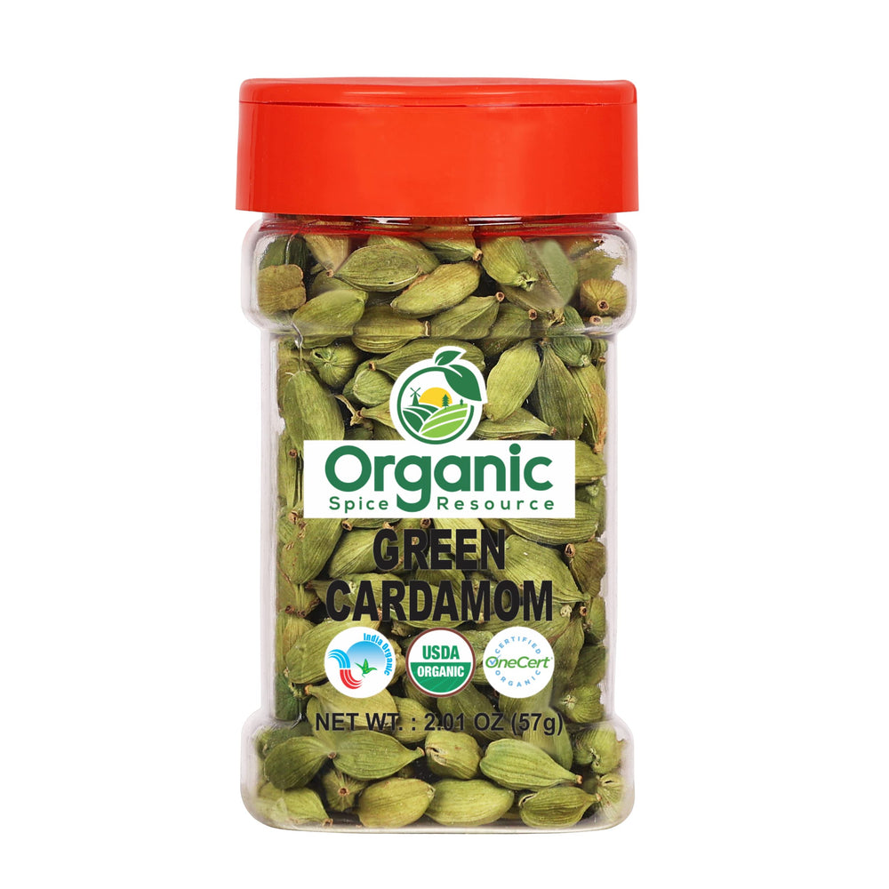Organic Spice Resource cardamom pods from India with rich aroma for chai and curries.