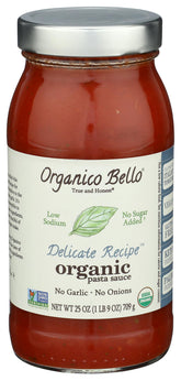 Organico Bello Organic Delicate Recipe Pasta Sauce jar close-up showing organic quality for weeknight meals.