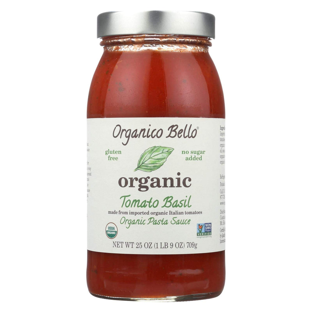 Organico Bello Tomato Basil sauce bottle, ready for quick weeknight dinners.