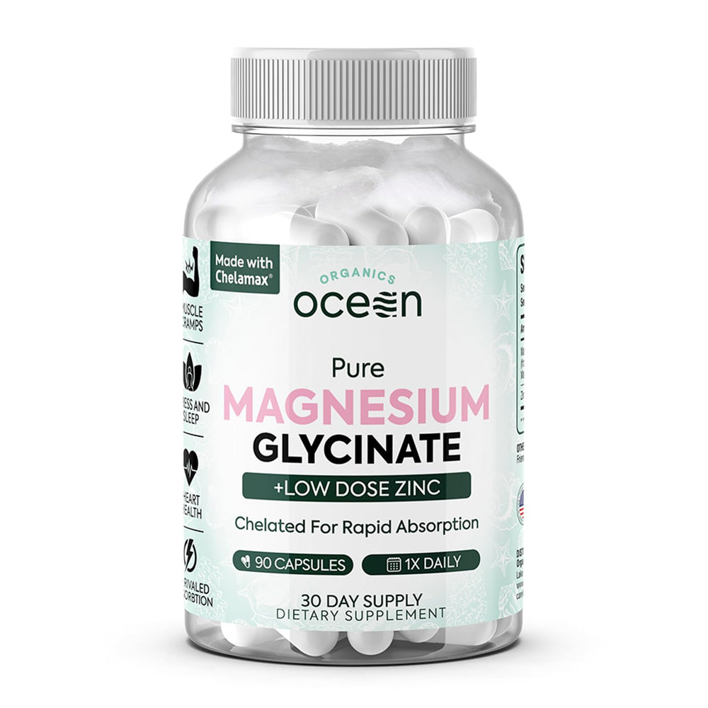 Organics Ocean Pure Magnesium Glycinate bottle promotes daily support.