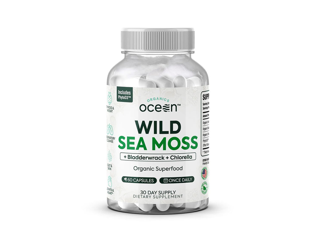 Organics Ocean Wild Sea Moss Capsules bottle for daily energy support.