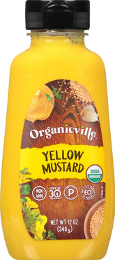 Organicville Yellow Mustard bottle-front view, perfect for sandwiches and keto-friendly meals.
