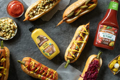 Organicville Yellow Mustard on a dipping plate showcases versatile condiment for snacks and burgers.