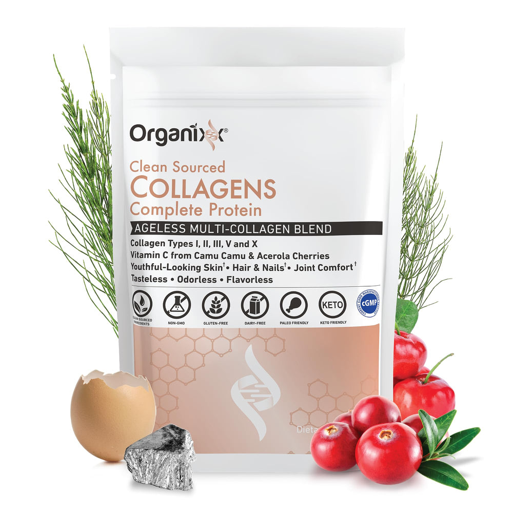 Organixx Clean Sourced Collagen bottle on kitchen counter for daily wellness.