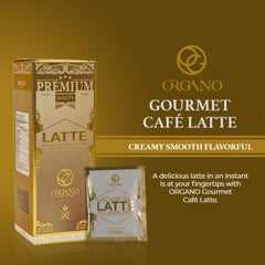 ORGANO Gourmet Cafe Latte cup steaming with a creamy latte texture, highlighting a balanced medium roast.