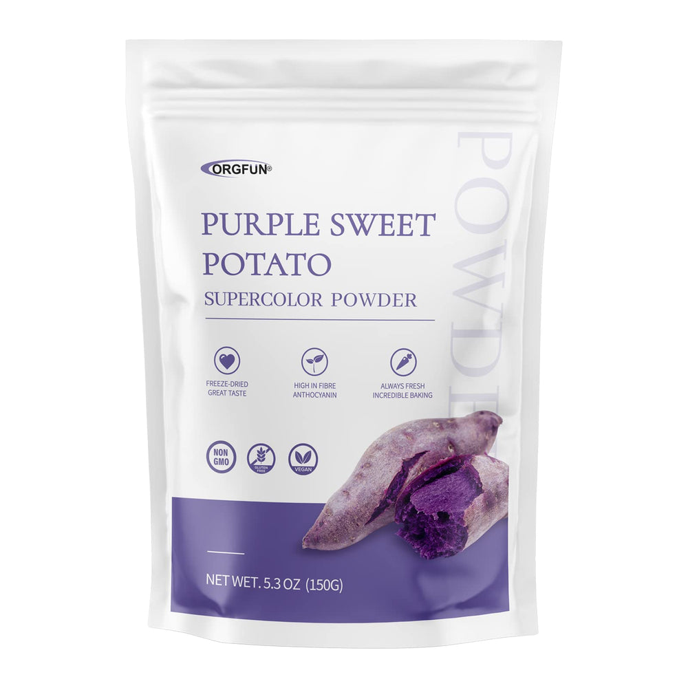 ORGFUN purple sweet potato powder in an open bag for quick sprinkling and fresh flavor