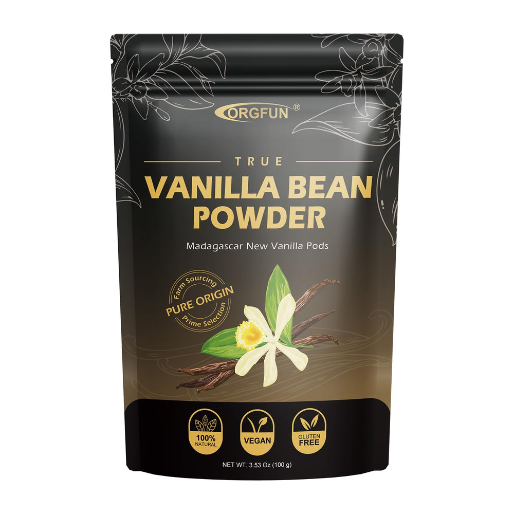 ORGFUN Vanilla Bean Powder packaging highlighting Madagascar vanilla for baking.