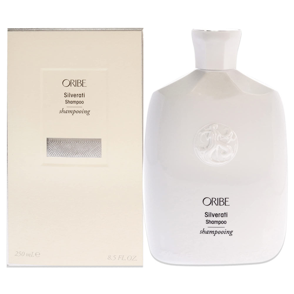 Oribe Silverati Shampoo bottle highlighting silvery hair brightness.