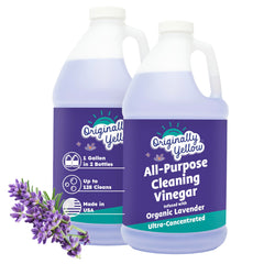 Originally Yellow Lavender Vinegar bottle pour for streak-free cleaning on glass and surfaces.