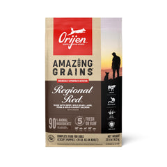 ORIJEN Amazing Grains Regional Red bag, 22.5-lb packaging for balanced dog nutrition