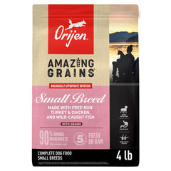 ORIJEN Amazing Grains Small Breed bag front highlights premium ingredients for small dogs