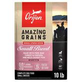 ORIJEN Amazing Grains small-breed bag showing premium protein and WholePrey ingredients for small dogs