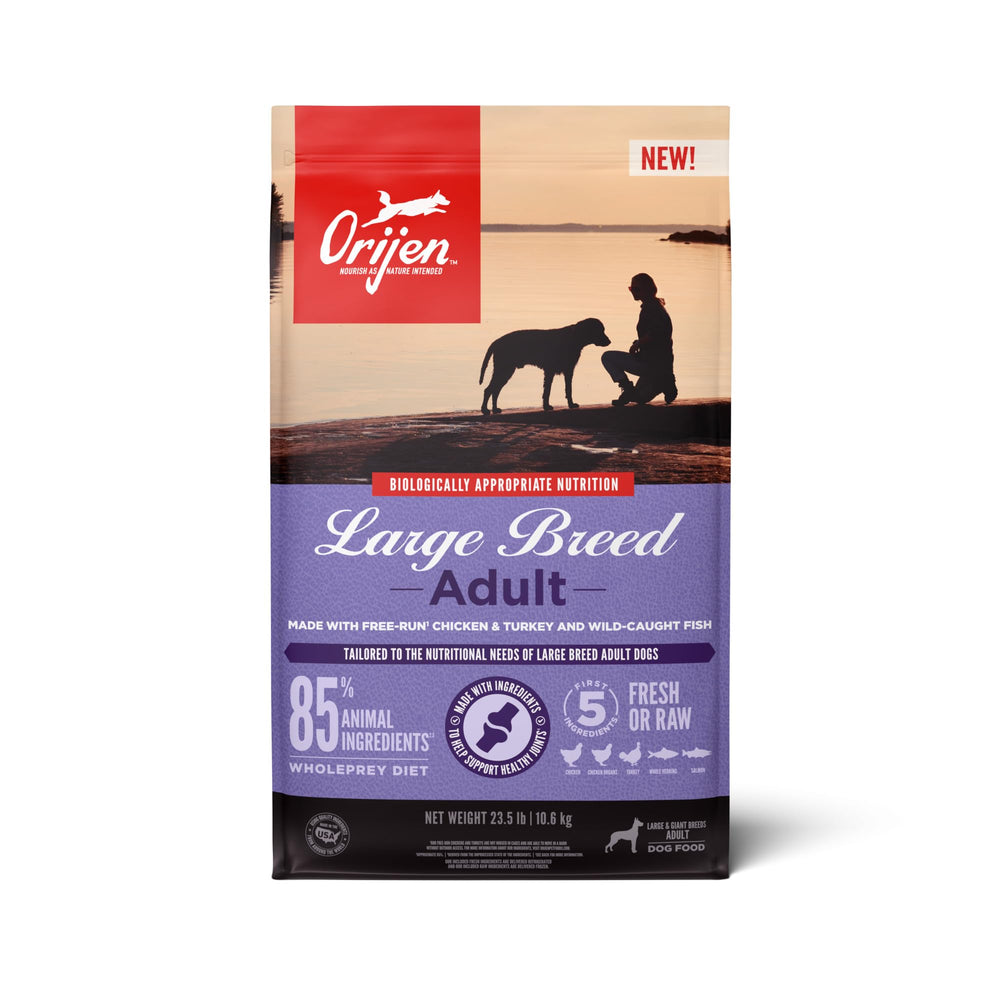 ORIJEN grain-free large-breed adult bag showing WholePrey ingredients for strong muscles.